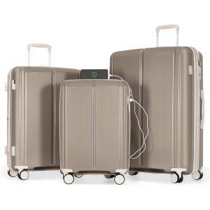 Luggage Sets 3 Piece Suitcase Set 20/24/28 with USB Port Carry on Luggage Airline Approved light brown
