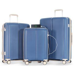 Luggage Sets 3 Piece Suitcase Set 20/24/28 with USB Port Carry on Luggage Airline Approved Blue and Ivory